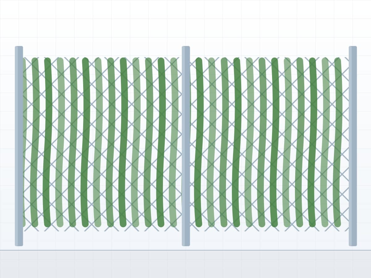 Drawing of grass fence: vertical artificial grass strips threaded through the mesh