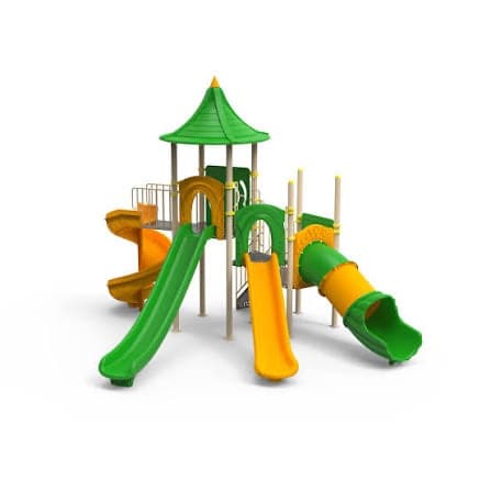 Tower style playground unit in green and yellow with tube and open slides