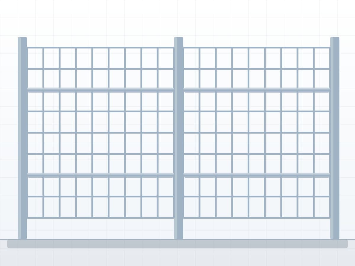 Drawing of a galvanised welded panel fence: two panels with omega ridges between galvanised posts