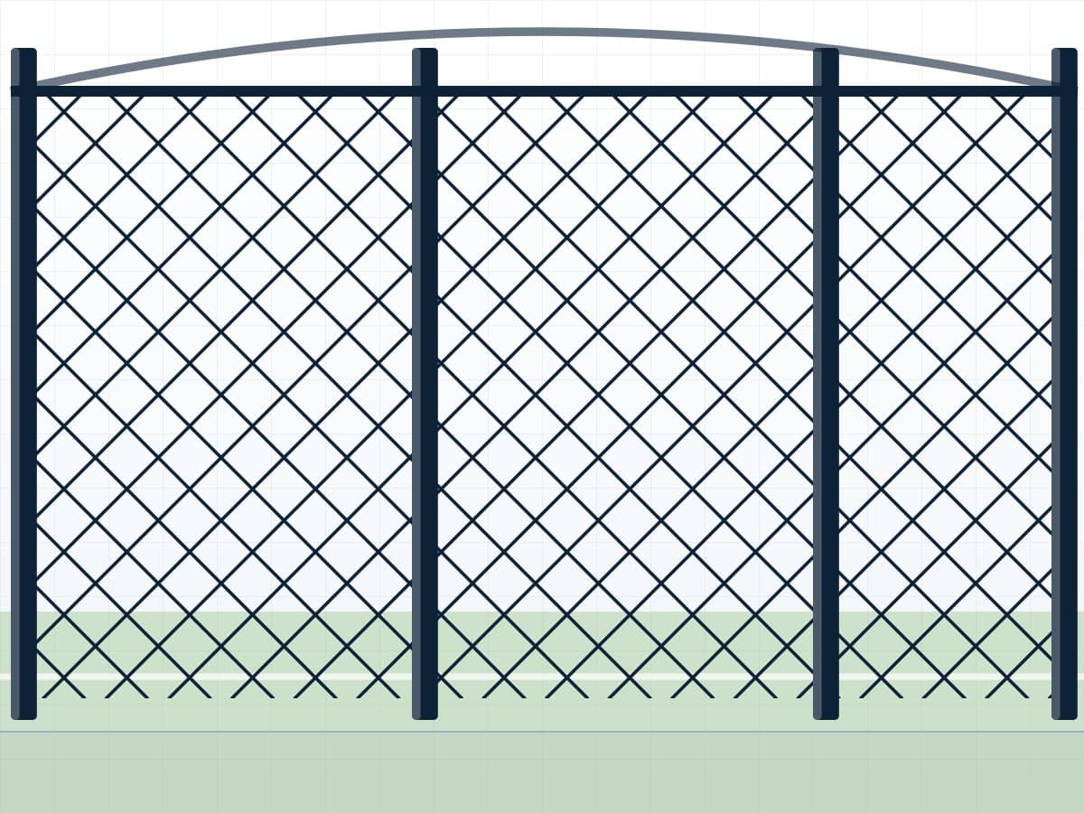 Drawing of a pitch cage system: tall mesh enclosure over a turf pitch with the curve of the roof net