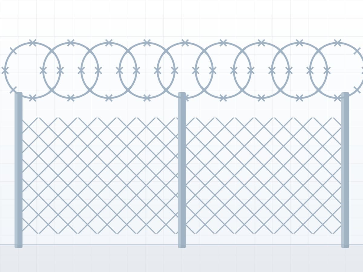 Drawing of a razor wire barrier: concertina coils running above chain-link mesh